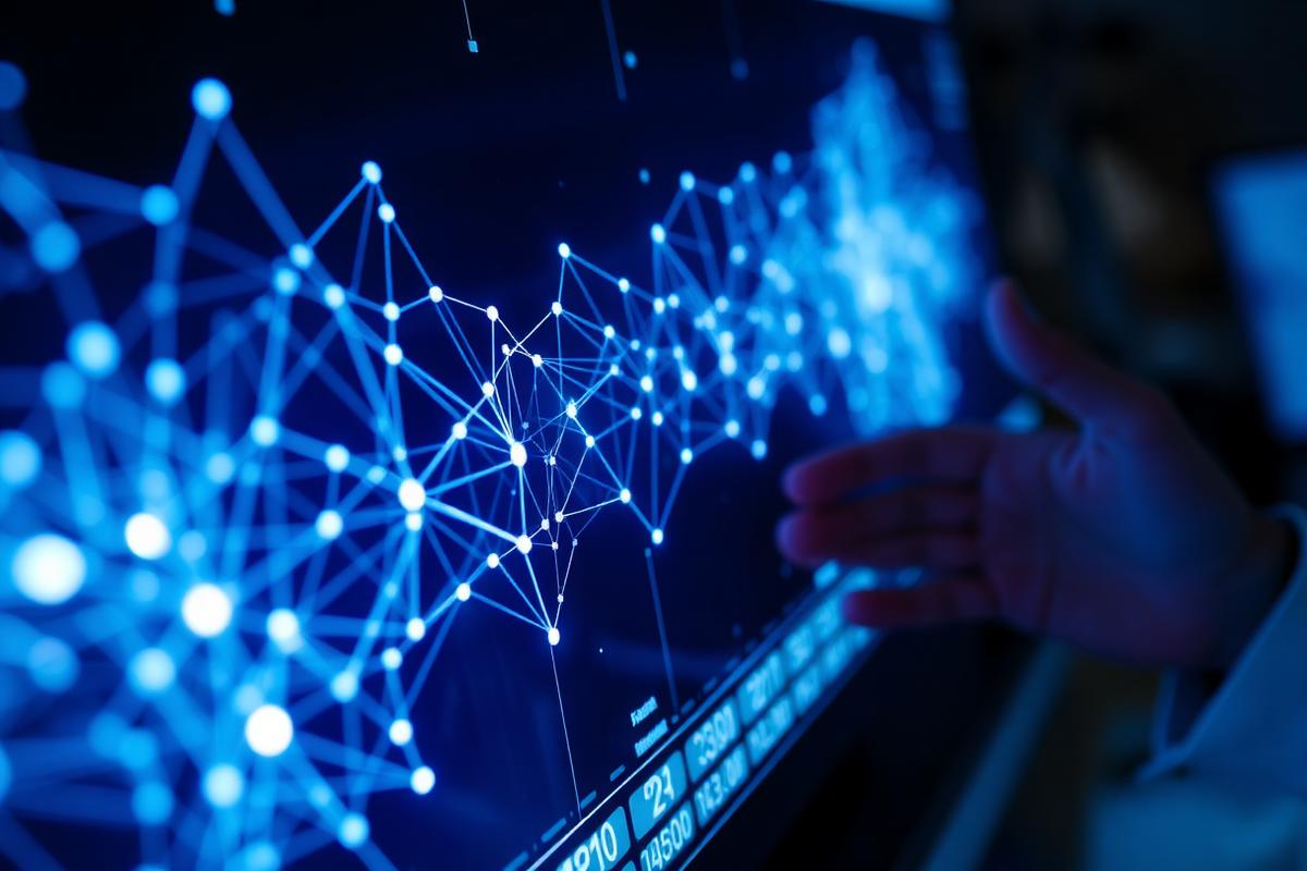 A glowing neural network visualization on a large touchscreen display