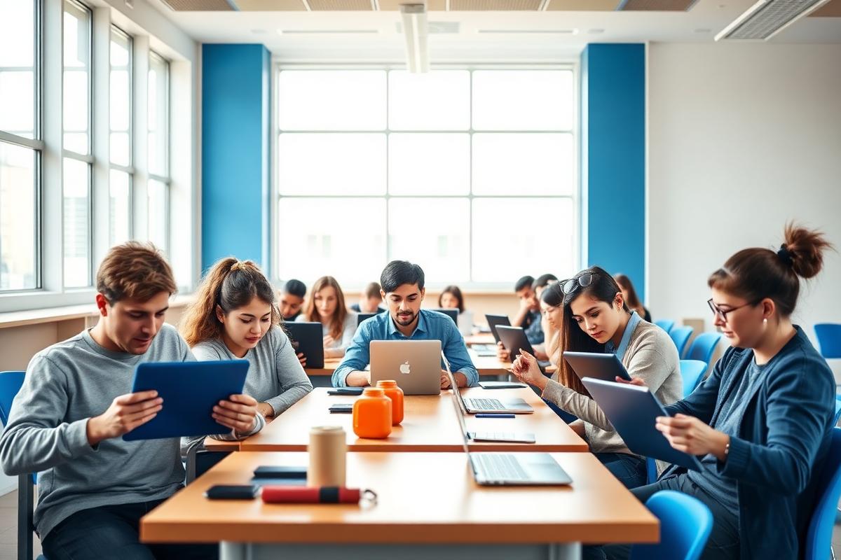 Students learning together with tablets and laptops in a bright modern classroom