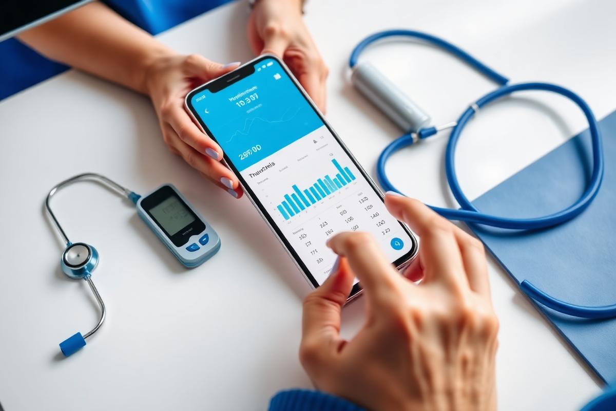 A person reviewing personal health readings on a mobile app beside a stethoscope and glucose meter