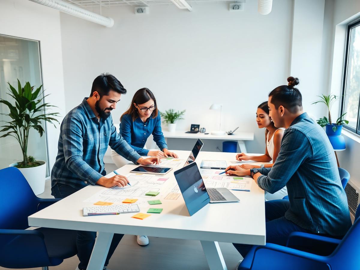 A product team sketching and reviewing designs together in a bright office