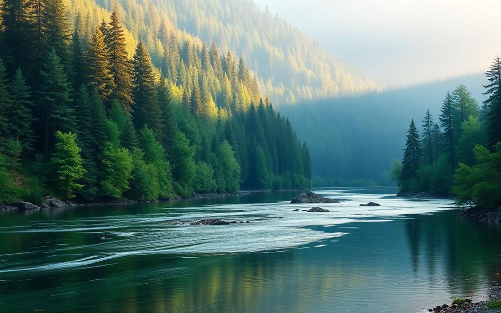 Calm river flowing through a green forest valley